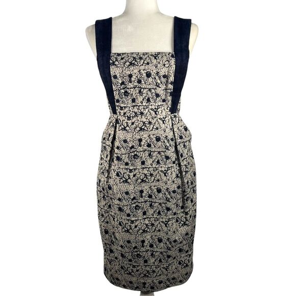 Adam Lippes New !! Jacquard Sheath Dress Sz Small 4 Beige & Navy Floral Linen - Picture 1 of 13